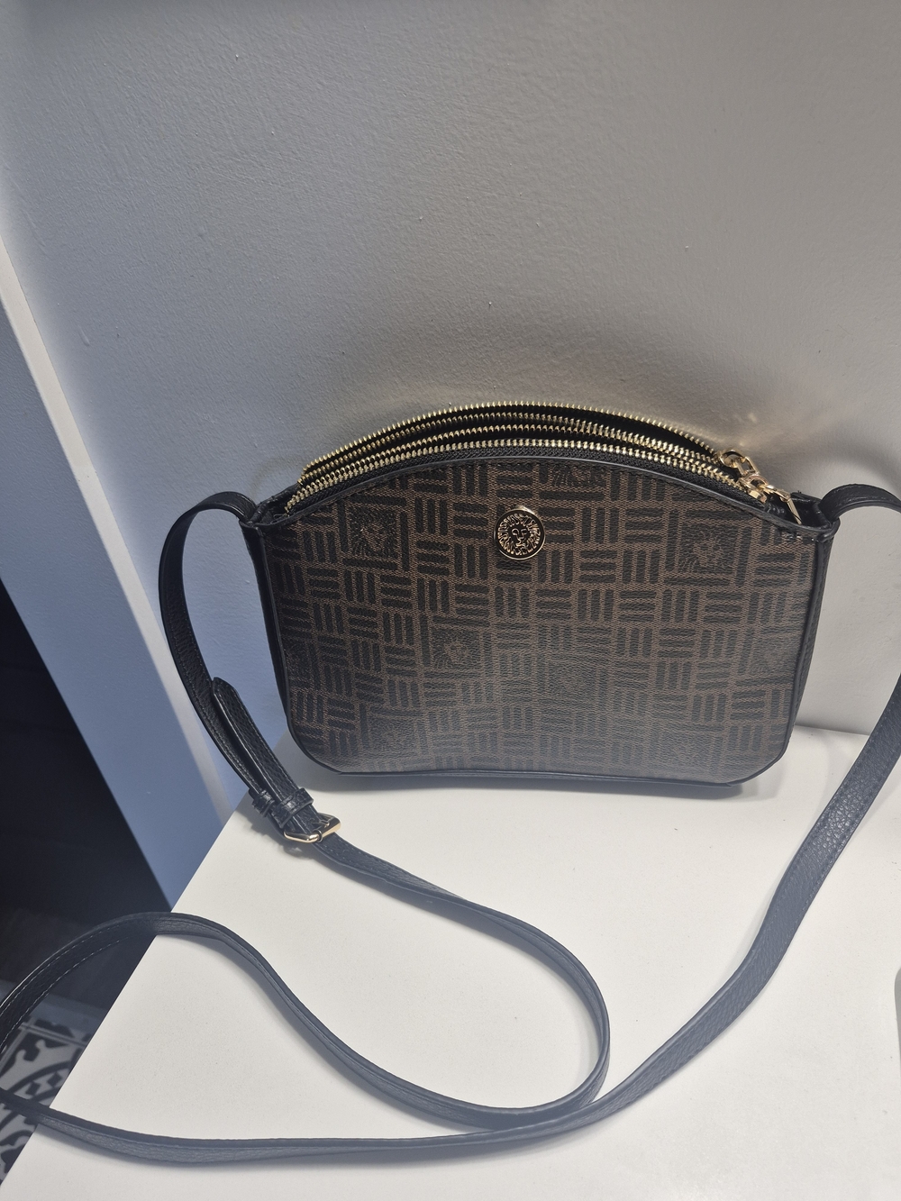 Anne Klein Brown Patterned Crossbody with Gold Hardware